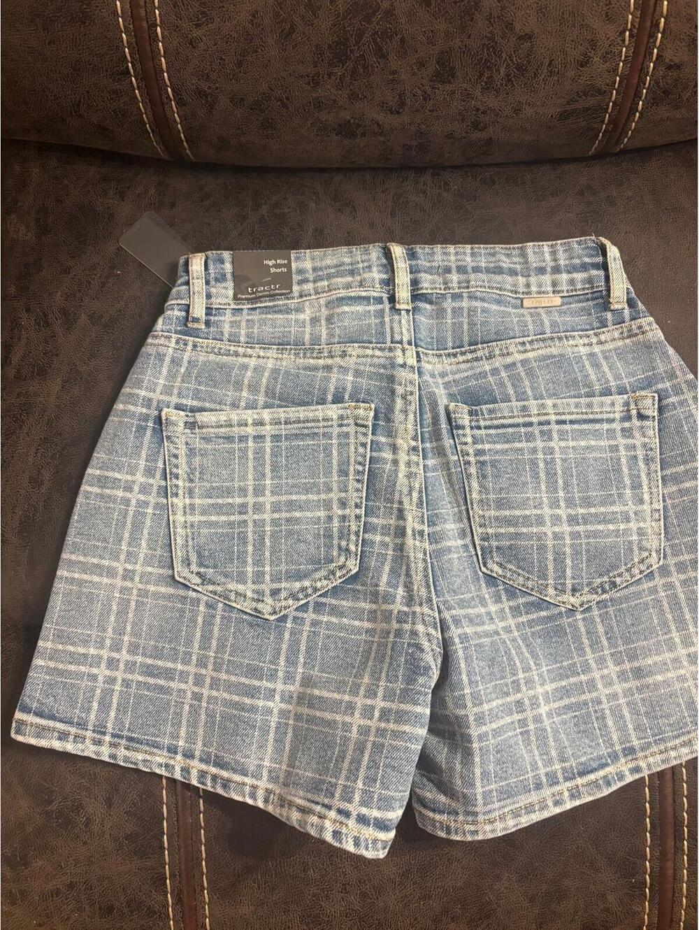 Tractr Plaid Denim Shorts High Rise Size 00 24 NWT Slim Fit Trendy Check Print - Picture 5 of 8
